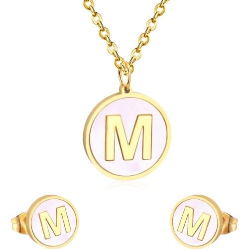 LUXUKISSKIDS Letter Jewelry Sets Stainless Steel Round Shell 26 Letters Alphabet Initial Pendants Necklace Women Bridal Gift