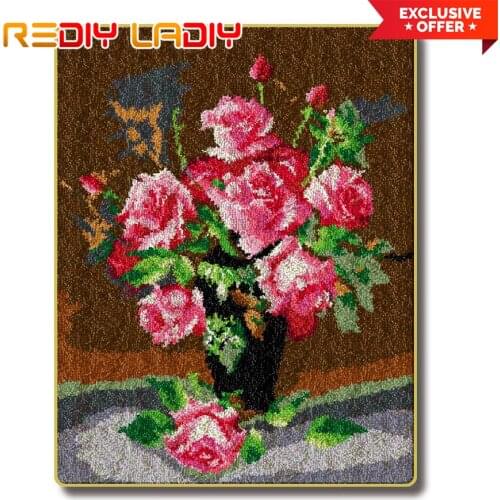 Latch Hook Rug Kits Rose with Vase Crocheting Carpet Rug 100% Acrylic Yarn Cushion Mat DIY Carpet Rug Home Decor Art & Crafts