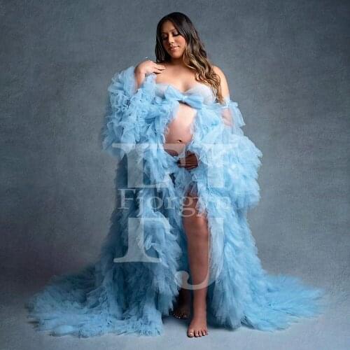 Sky Blue Blue Maternity Robes Full Sleeves Tiered Women Summer Formal Party Dresses for PhotoShoot or Formal Party Wear
