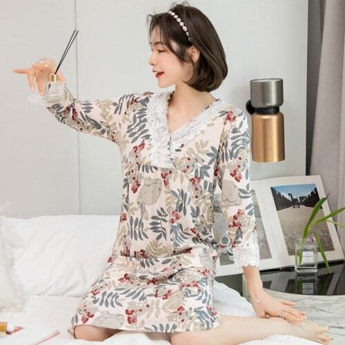 Spring Summer 2021 New Artificial Cotton Pajamas Womens Viscose Lace Long Skirt Japanese Loose Nightdress Casual Printed Dress