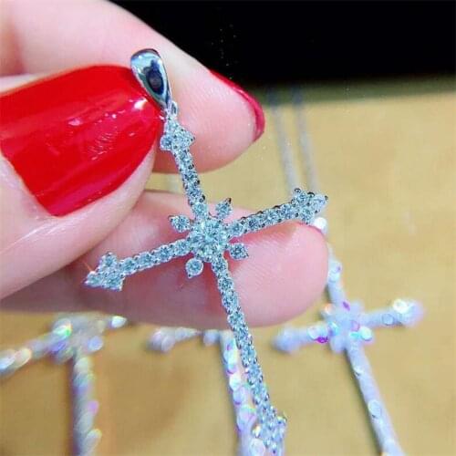 Sparkling Luxury Jewelry 925 Sterling Silver Pave White Sapphire CZ Diamond Cross Pendant Party Women Clavicle Necklace Gift