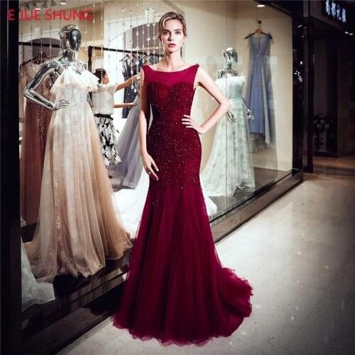 E JUE SHUNG Burgundy Luxury Mermaid Evening Dresses Long Full Beaded Backless Evening Gowns Formal Dresses abendkleider