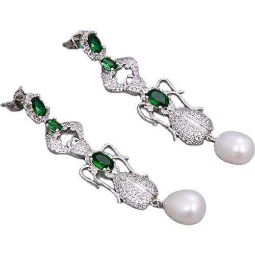 JK Teardrop Natural White Rice Pearl Green Jade Crystal Cz Pave Insect Earrings
