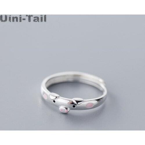 Uini-Tail hot new 925 sterling silver cute pig opening adjustable ring fashion sweet pink pig drop rubber ring high quality
