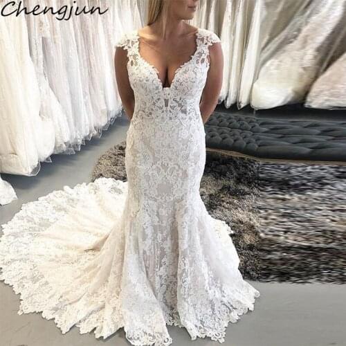 Chengjun Chapel Train Ladies Cap Sleeve Ivory Lace Mermaid Bridal Dresses 2019