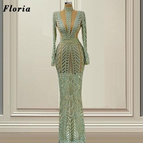 Middle East See Through Evening Dresses Mermaid Formal Prom Dress Party Gown 2021 Dubai Beaded Celebrity Dress Robe De Soiree