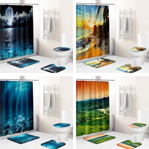 3D Printing Natural Beach Pattern Waterproof Fabric Bathroom Curtain Shower Curtain Cover Non Slip Carpet Toilet Cover Bath Mat
