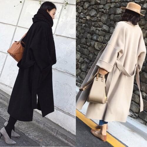 High Quality Faux Woolen Coat Women Autumn Fashion Double Breasted Lace Up Wool Jacket Ladies Thick Slim Long Wool Overcoat G534
