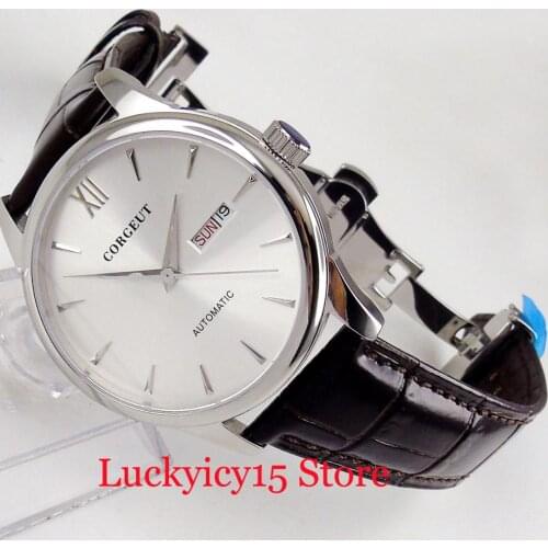 High Quality 40mm Silver Color Dial Polished Watch Case Automatic Mens Watch Leather Strap Week&Date Indicator Bracelet Clasp