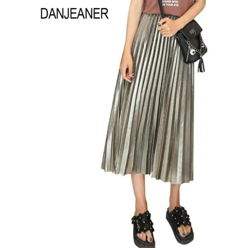 2017 Women Metallic Silver Skirt Elastic Waist Midi Skirt High Waist Metallic Pleated Skirt Party Club Ladies Saia Fenimias