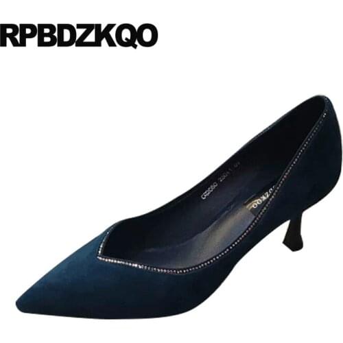 Slip on rhinestone pointed toe blue thin medium heels crystal shoes women 2019 pumps diamond runway high suede scarpin 3 inch