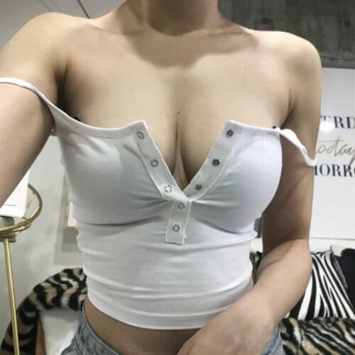 Sexy Short Style Crop Top Women Single Breasted Buckle Low Cut Straps Camis Tank Top Night Club Party Stretch Slim Summer Tops