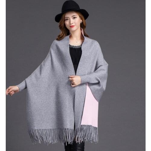 Women Winter New Cashmere Ponchos Capes Knitted Shawl Long Sleeve With Tassel Solid Pashmina Lady Soft Double-sided Tippet