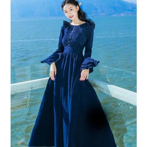 Free Shipping Elegant 2017 Spring New Arrival Corduroy Flare Sleeve Woman Long Dress