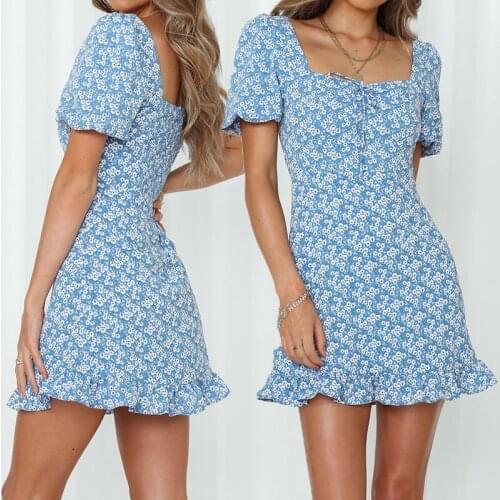 Women Casual Floral Print Mini Dress Summer Fashion Short Sexy Sleeve Backless High Waist Square Collar Dresses Ladies