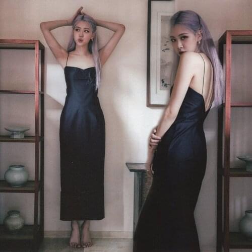 Kpop Korean Celebrity ROSE Summer New French Sleeveless Black Camisole Dress Women Party Sexy Slim Strapless V-Neck Long Dresses