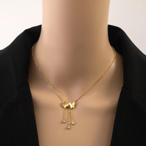 316L Stainless Steel Fashion Upscale Jewelry 2-layer Butterfly Zircon Tassel Charms Chain Choker Necklaces & Pendants For Women