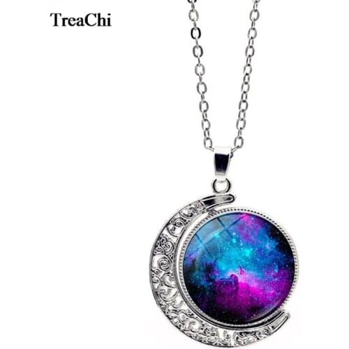 Double Side Usage Crescent Necklace Van Gogh Starry Night Cabochon Glass Silver Plated Jewelry Birthday Party Gift Collares