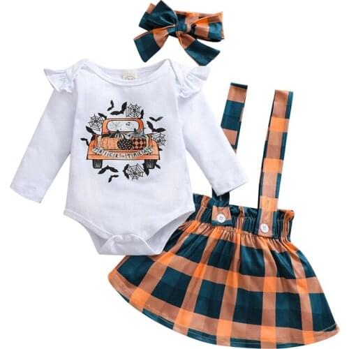 FOCUSNORM 3pcs Infant Baby Girls Halloween Clothes Sets 0-24M Cartoon Printed Long Sleeve Romper Plaid Suspender Skirt Headband