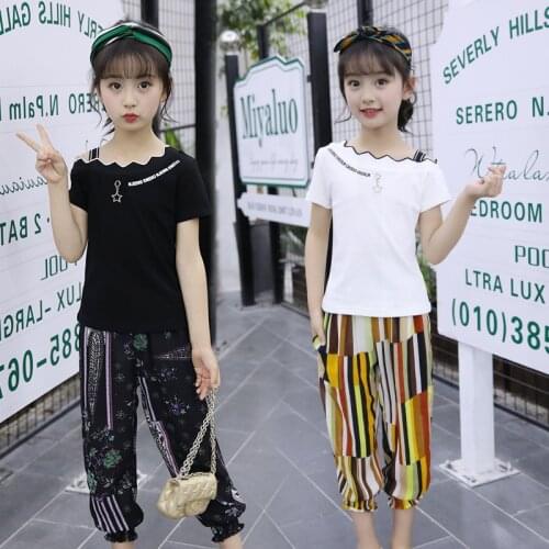Big Girl Summer clothing set fashion girls kids casual suits short sleeved T-shirt+printed pant suits