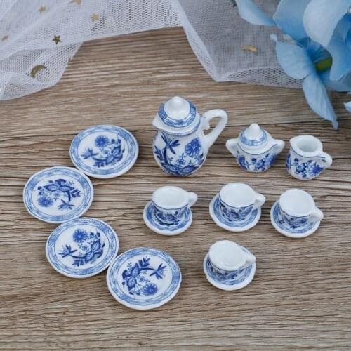 Miniature 15PCS Blue Flower Patten Porcelain Coffee Tea Cups Ceramic Tableware 1/12Dollhouse Kitchen Accessories