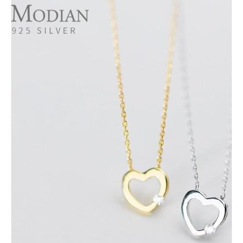 MODIAN 925 Sterling Silver Simple Gold Color Radiant Zircon Hollow Out Hearts Pendant Necklace for Women Fashion Fine Jewelry