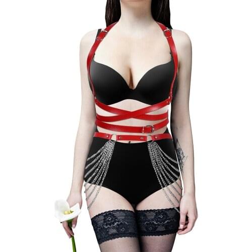 Pu Leather Belt Punk Gothic Harajuku Fashion Harness Apparel Metal Chain Garter Accessories Women Sexy Lingerie Set Hollow Bra