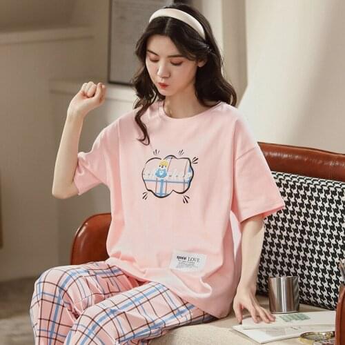 Sumemr Sweet Kawaii Pink Pajamas Set For Women Cotton Short Sleeve Homewear Cartoon Sleepwear Fashion Plus Size Plaid Nightwear