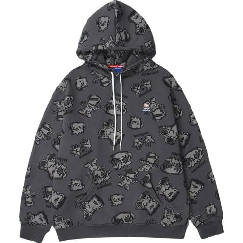 Hoodie Men Japanese Cartoon Print Fleece Hooded Pullover Oversize Harajuku Vintage High Street Couple Sweatshirt Autumn