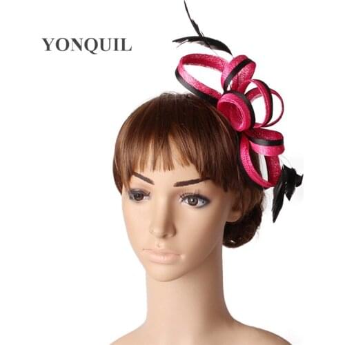 HOT Pink Sinamay Fascinator Hats Party Headwear Feather For Kentucky Derby Wedding Race Hat TOP Grade Hair Accessories MYQ123