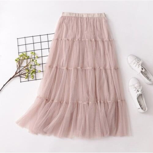 High quality 2021 Women Long Mesh Maxi Skirt Slim Pleated Skirt 3 Layered Mesh Party Princess Skirt Casual Femme tulle Skirt