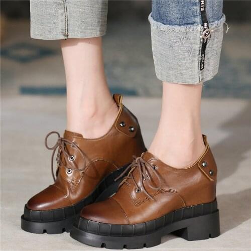 Round Toe Creepers Women Lace Up Genuine Leather Hidden Wedges High Heel Ankle Boots Female Platform Pumps Shoes Casual Shoes