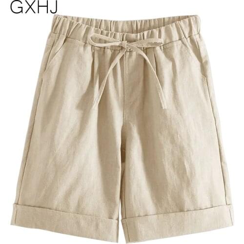 S-5XL New Summer Women Cotton Linen Shorts Elastic High Waist Candy Color Wide Leg Shorts Fashion Short Pants Streetwear LHJ058