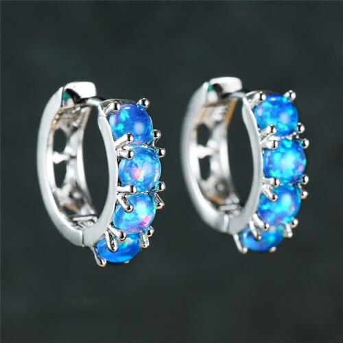 Blue Fire Opal Stone Hoop Earrings For Women White Gold Filled Birthstone Bridal Earrings Female Fashion Luxury Wedding Jewelry