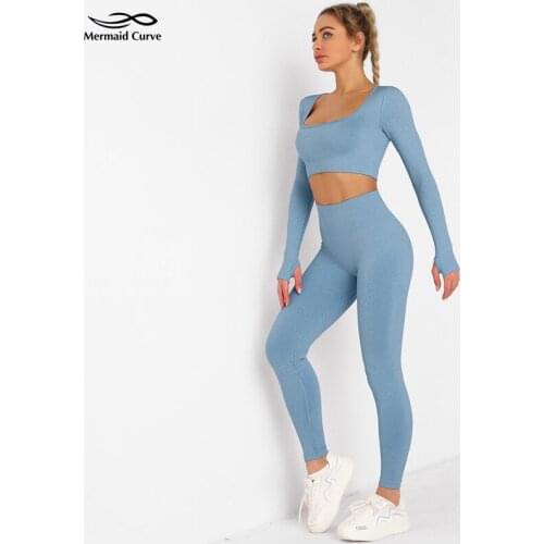 Women 2pcs Seamless Running Gymwear Workout Clothes Big U-neck Long Sleeve Gym Crop Top High Waist Leggings Fitness Sport Suit