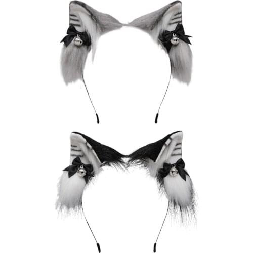 Women Animal Cat Ears Headdress Bell Bow Hairpin Plush Furry Lolita Headband for Halloween Christmas Cosplay Accessories