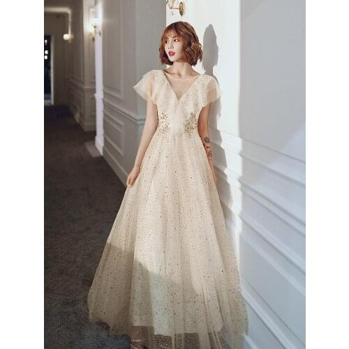 2021 Women Champagne Exquisite Sequins Prom Dresses Princess Party Dresses Tulle A-Line Formal Evening Gowns