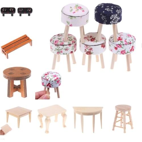 1/12 Scale Dollhouse Miniature Wooden Table Furniture Round Floral Stool Chair for Dolls House Decor Kids Pretend Play Toy