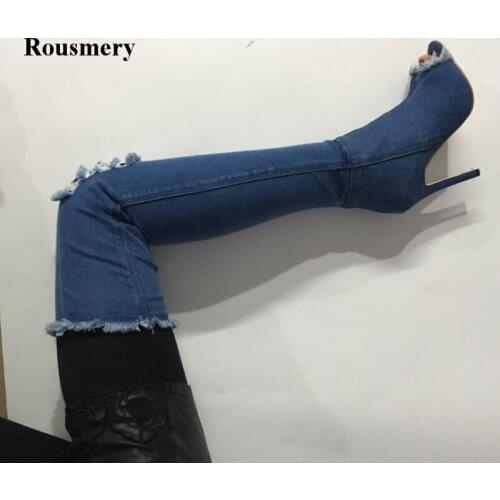 2017 Hot Sale Women Fashion Open Toe Slim Style Over Knee Denim Boots Elastic Design Long High Heel Jeans Boots Popular Boots