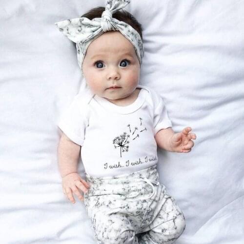 2020 Summer baby girl clothes set white short sleeve Top +pants +Headband 3pcs Newborn baby girl clothing Infant toddler suit