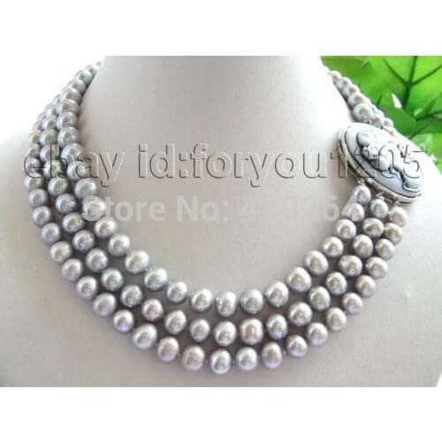 3rows Natural 9mm Round Gray Pearl Necklace Cameo