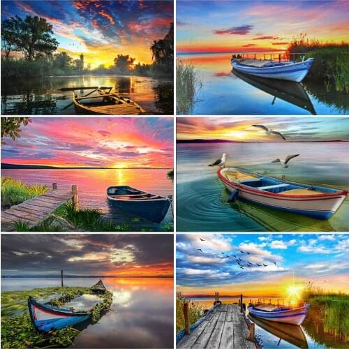 Evershine Full Drill Square Diamond Painting Ship Diamond Embroidery Sunset Picture Rhinestones Landscape Needlework Wall Decor