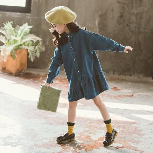 Kids Dresses For Girls Casual Denim Dress For Girl Long Sleeves Teen Child Spring Korean Style Dress For Girls 6 8 10 12 14 Year