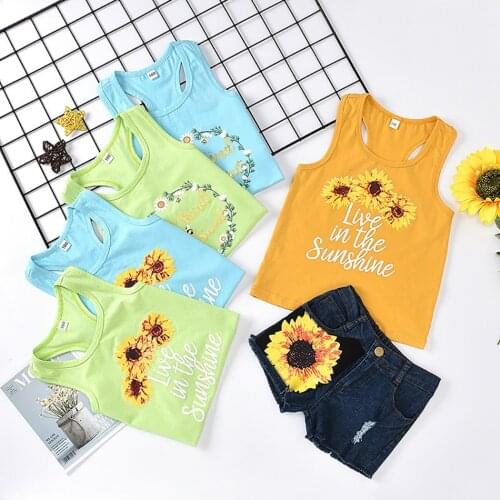 Summer Kids Girls Clothes Sets Outfits Vest T-shirt Sunflower Denim Shorts Suit Children Clothing Set 2 3 4 6 8 10 Years JYF