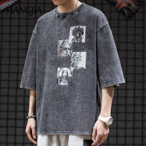 Streetwear Ancient Greek Stone Portrait Short-sleeved T-shirt Mens Loose Wash Distressed Short-sleeved Tshirts Side Zipper Tees