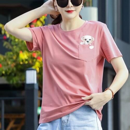 Women T-shirt Casual O-neck Short Sleeve Cartoon Embroidery Printed Pocket Lady Top Streetwear Simple All-match Soft Tees Summer