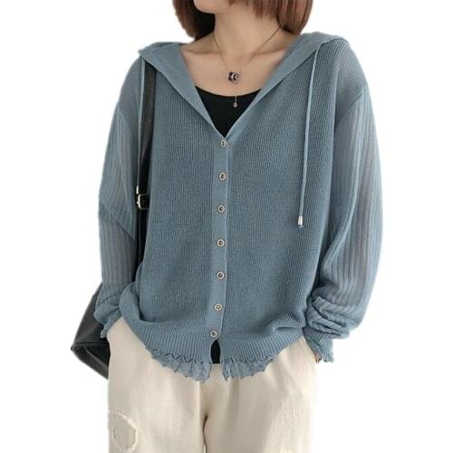 Linen Knitted Cardigan Womens Summer Loose Large Size Hooded Sun Protection Clothing Thin Long-sleeved Air-conditioned Jacket