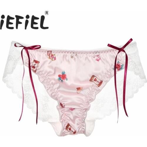 Mens Sissy Crossdress Cosplay Briefs Elastic Waistband Bowknot Adorned Print See-through Lace Back Briefs Underwear Underpants