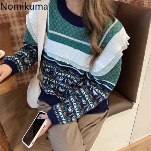 Nomikuma Vintage Geometric Hit Color Pullover Sweater Sweet Ruffle Patchwork Pull Femme 2020 New Long Sleeve Knitted Tops 6C907