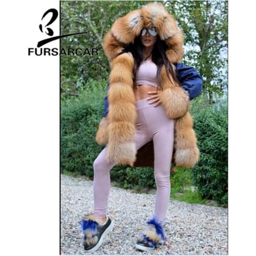 FURSARCAR 2020 Luxury New Style Real Fur Coat Parka Women With Big Gold Fox Fur Trim Hood And Cuff Winter Thick Warm Fur Parka